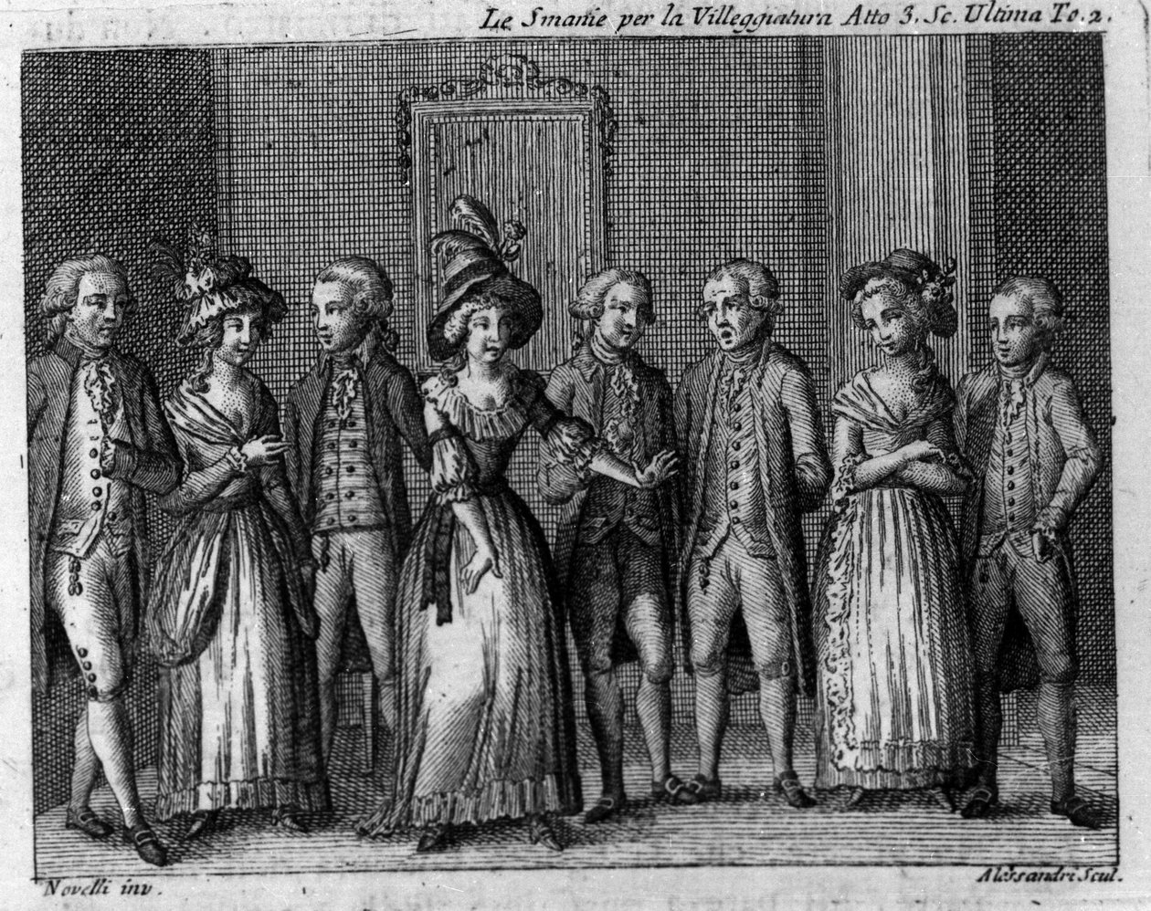 Siste scene i akt III av tegneserien "" Le smania per la villeggiatura"" (Byen) (1761) av Carlo Goldoni (1707-1793). Gravering fra 1700-tallet av Italian School