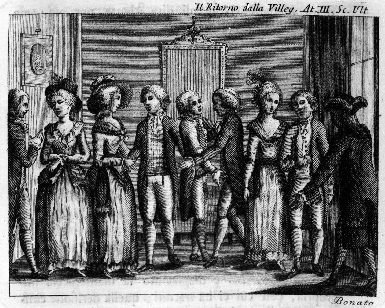 Siste scene i akt III av tegneserien "" Ritorno della villeggiatura"" (Return of the City) (1761) av Carlo Goldoni (1707-1793). Gravering fra 1700-tallet. av Italian School