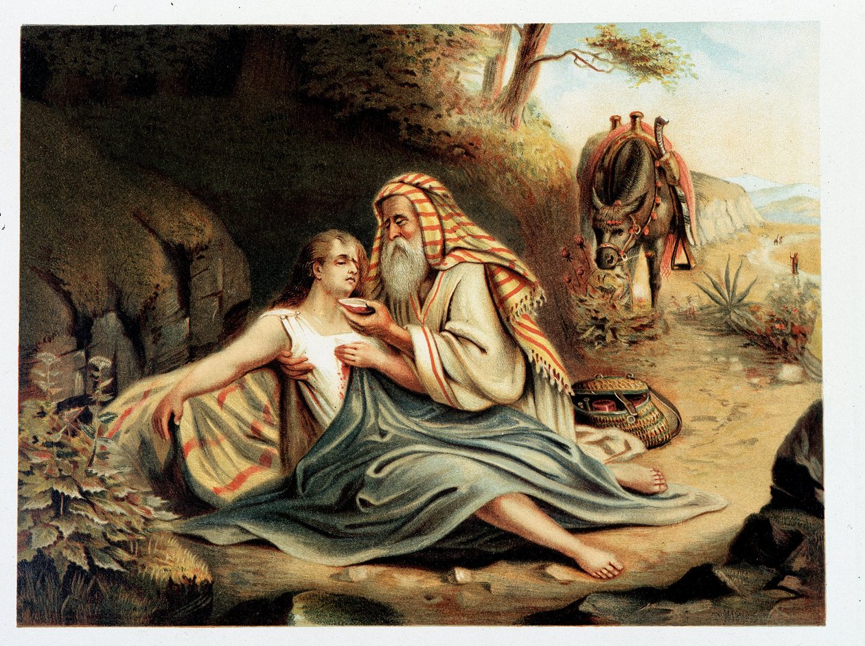 Le Bon Samaritan - i "" Golden classic Bible: History of Divine Openbaring in the old and in the new striving "" av Giovanni Ladislao Sykora (vol. 2), oversatt av Don Clemente Benetti. (italiensk bibel) av Italian School