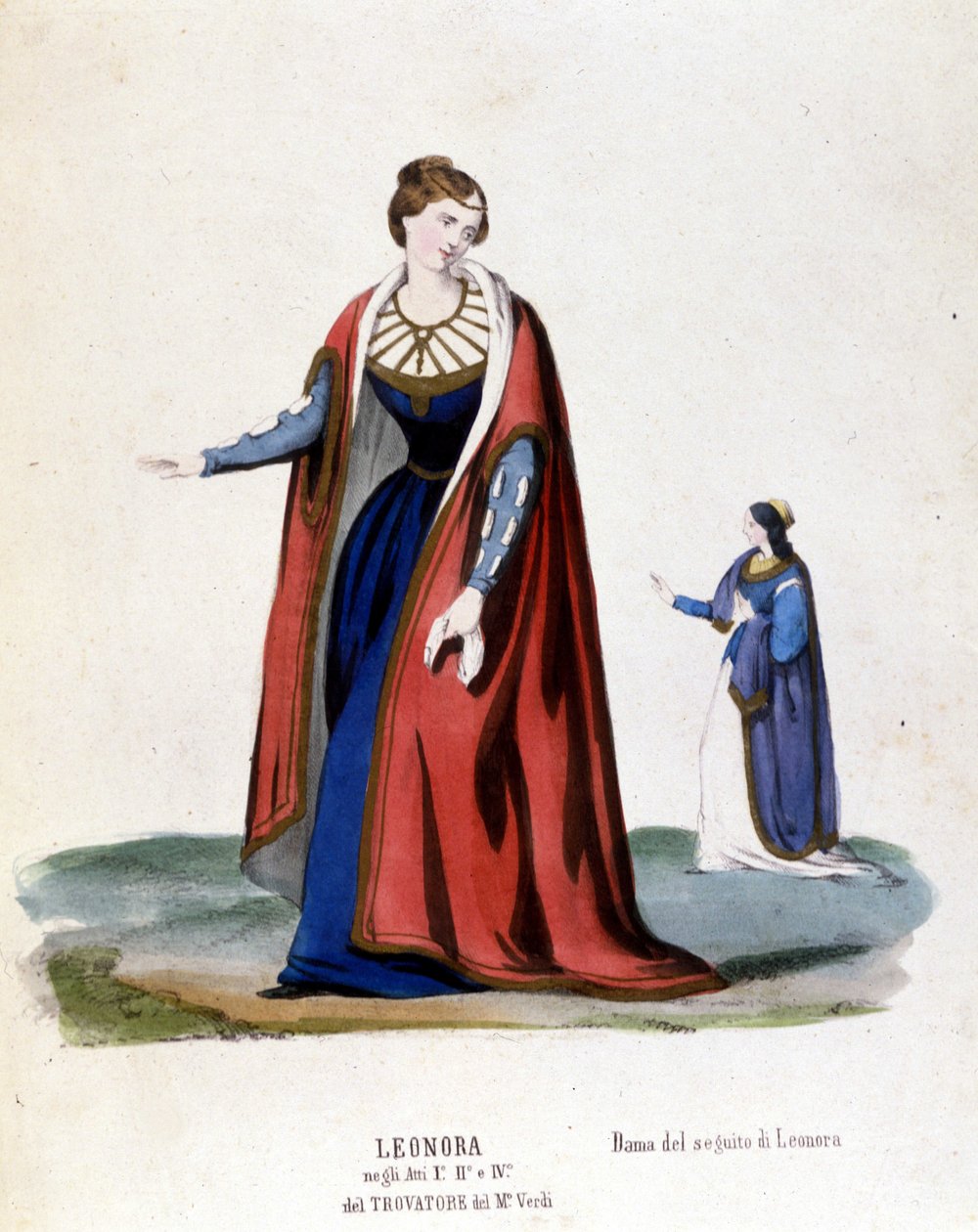 Leonoras kostyme for den første representasjonen av Trouvère (Trovatore) av Giuseppe Verdi (1854) biblioteca de la scala de Milan av Italian School