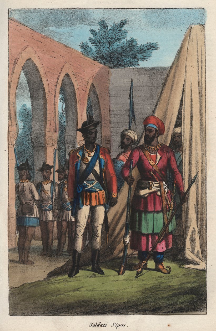 Les sepoys (cipaye, cipahi, cepoy, sipahi), hær sammensatt av indianere til tjeneste for East India Company - indisk sepoy (soldat) - gravering fra "Skikker og skikker til alle folkeslag i universet. Det er historien til regjeringen, lovene, militsen, d av Italian School