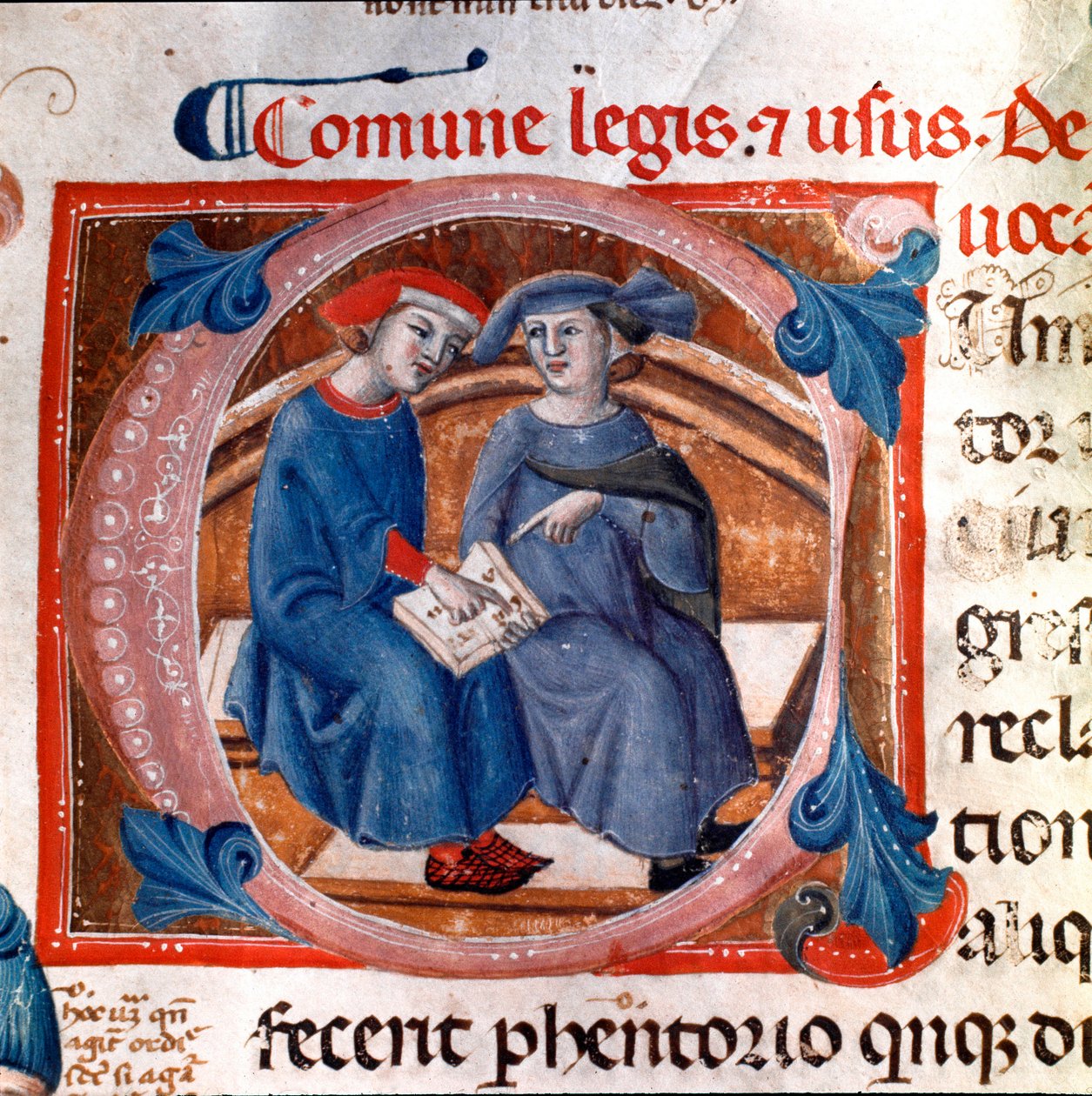 Letterline dekorert av to tegn. Miniatyr hentet fra kodeksen "Breve delle Leggi comunali", indeks over lovene i republikken Pisa (1208-1307). 1200-tallet. Pisa, nasjonalt arkiv av Italian School