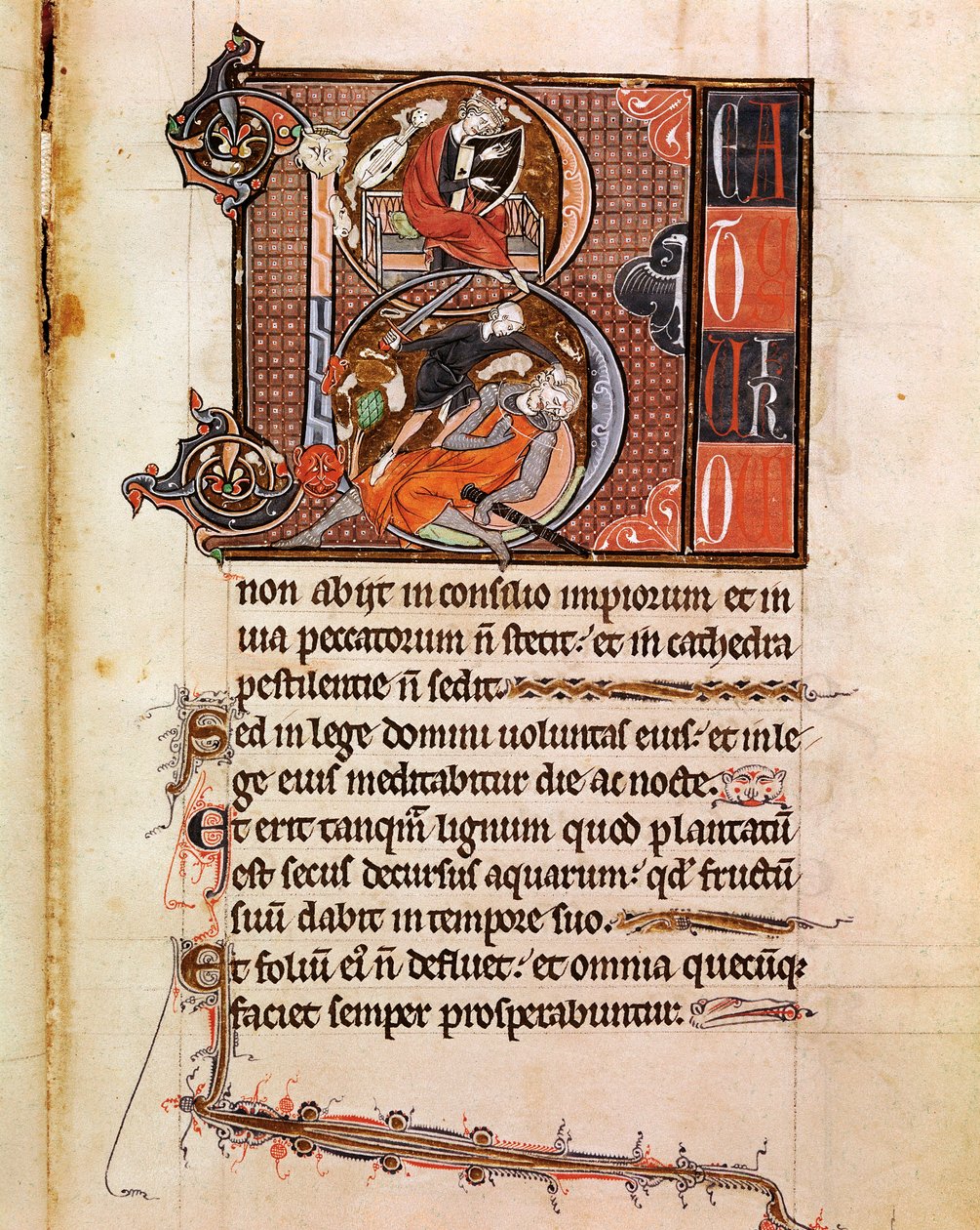 Lettrine B dekorert av representasjonen av kong David som spiller pslaterion og som dekker Goliath Page fra manuskriptet "" Psalterium Cum Calendario"" Padua fra 1200-tallet, seminarets bibliotheque av Italian School