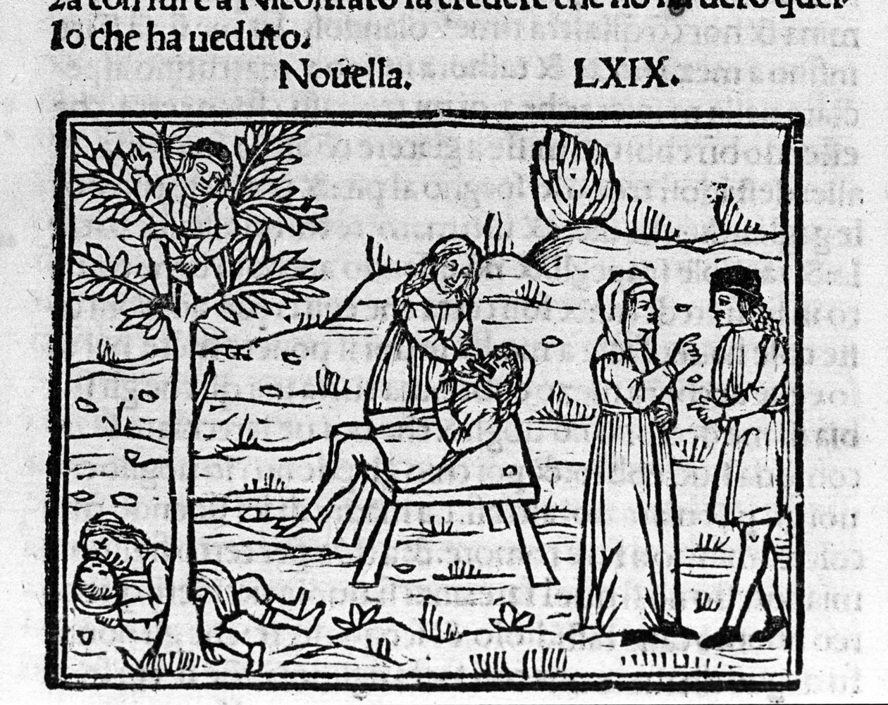 Lidia, en utro kone, blir overrasket av mannen sin i Pirros armer. Illustrasjon for nyheter 69 (Ny 9 av den syvende dagen) av "Decameron"" av Giovanni Boccaccio dit Jean Boccaccio (1313-1375), italiensk forfatter. Gravering i "" Decamerone over Cento no av Italian School