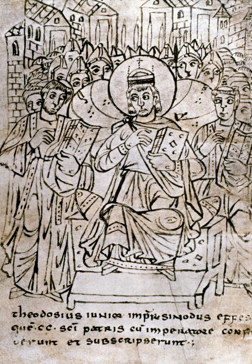 Lombardkunst: "" Keiser Theodosius II (401-450), barnebarn av Theodosius I, ved konsilet i Efesos 22.06.431, fordømmer nestorianismen (av patriarken Nestorius eller Nestorios)"" Tegning med penn på pergament henter fra en traktat om kan av Italian School