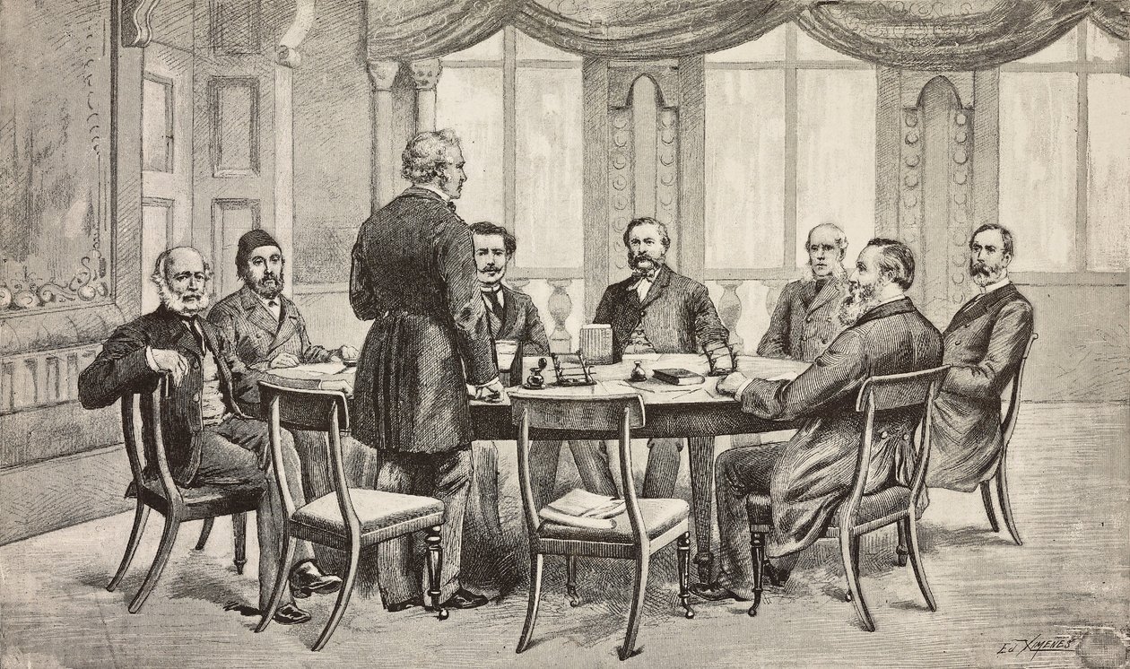 London-konferanse om Egypt, Storbritannia: Grev Munster, Musurus Pasha, Granville (stående), grev Nigra, Waddington, De Staal, Childers, grev Karolyi, gravering fra tegning av Edoardo Ximenes, fra L