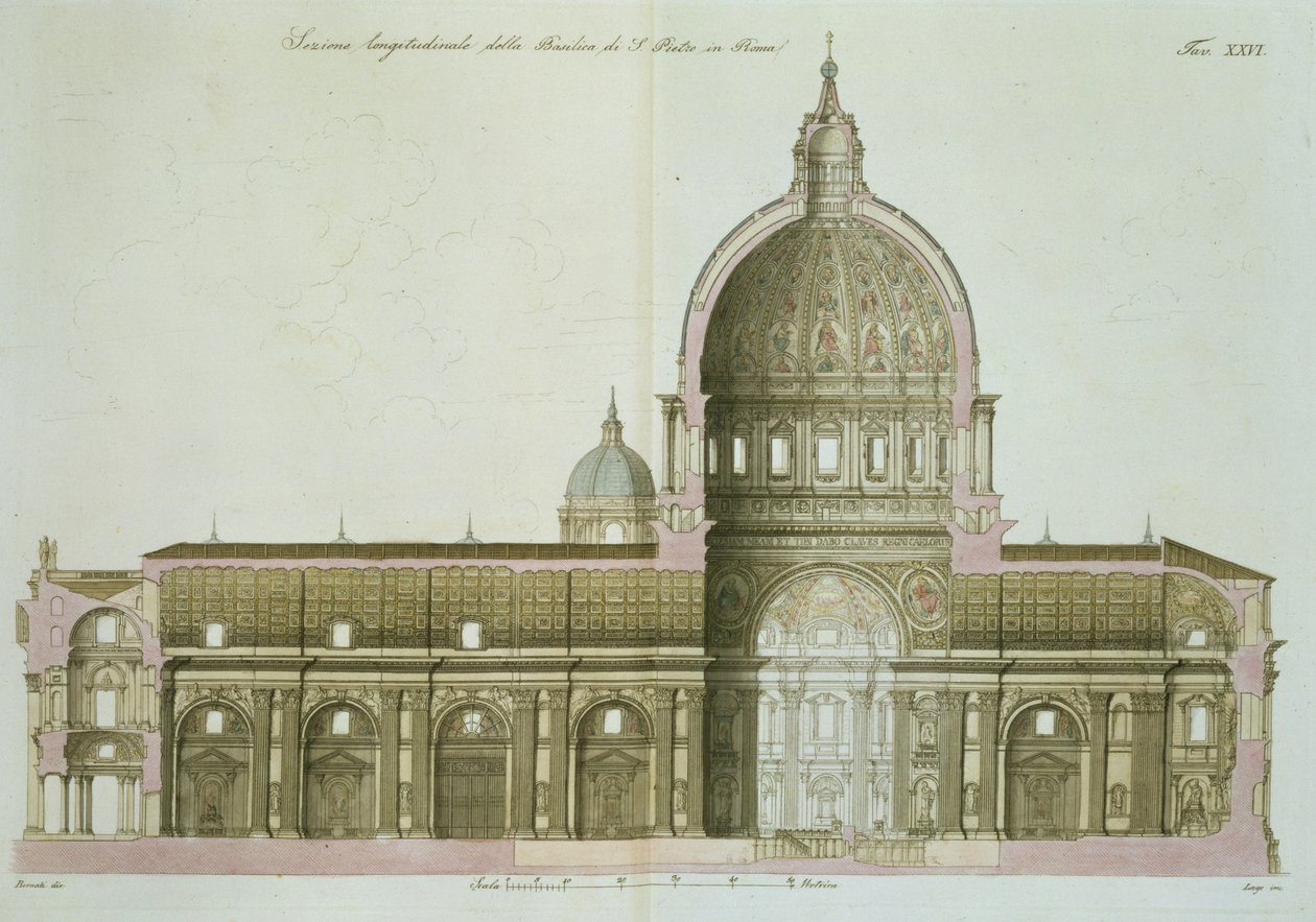 Langsgående tverrsnitt av St. Peters i Roma, plate 26 fra del III av The History of the Nations, gravert av G. Lago av Italian School