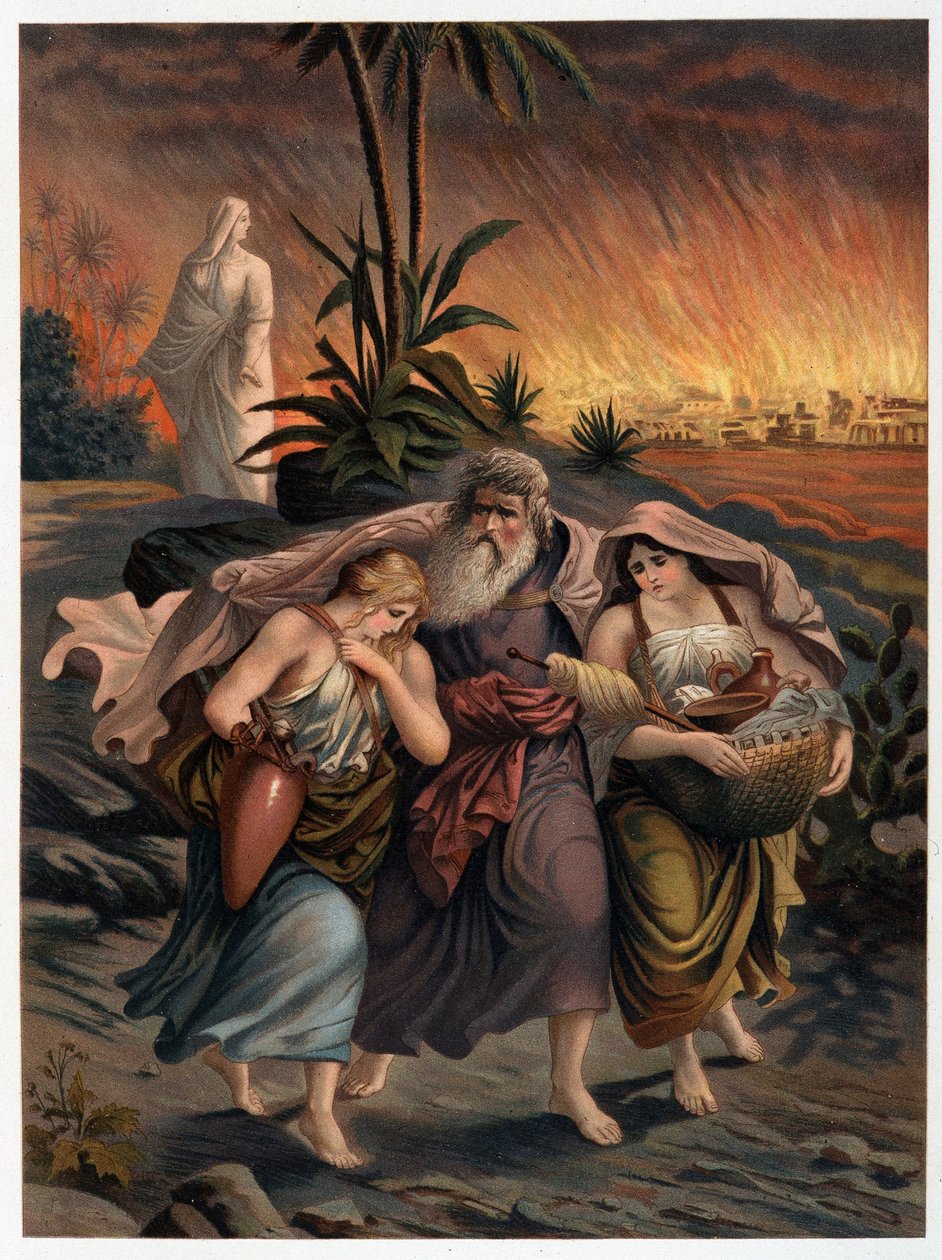 Loth unnslipper ødeleggelsen av Sodoma med sine to døtre, og hans kone blir forvandlet til en statue av salt - i "Golden classic Bible: history of divine revelation in the old and in the new thesis" "av Giovanni Ladislao Sykora (vol. 1) , oversette av Italian School