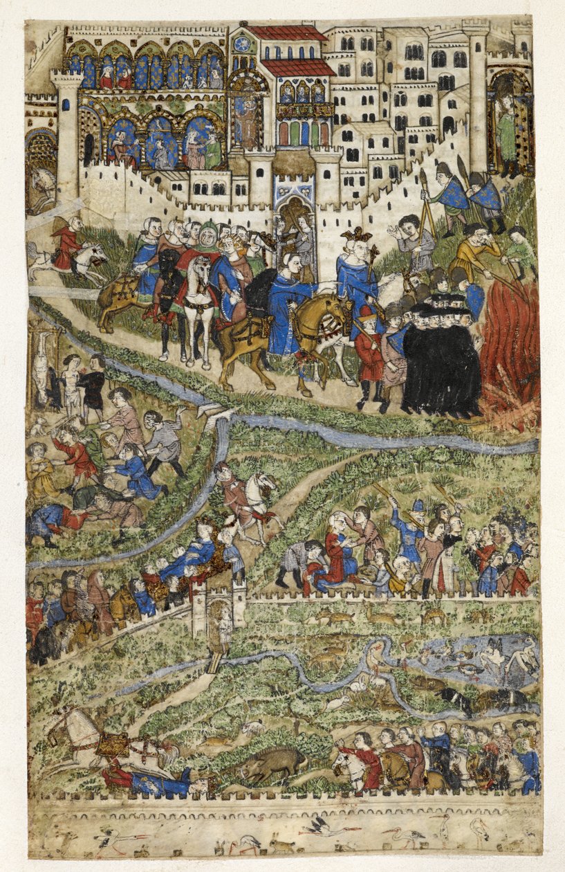 MS Add.27695 fol.6v Ødeleggelsen av tempelherrene og døden til kong Filip IV (1268-1314) av Frankrike, illustrasjon fra 