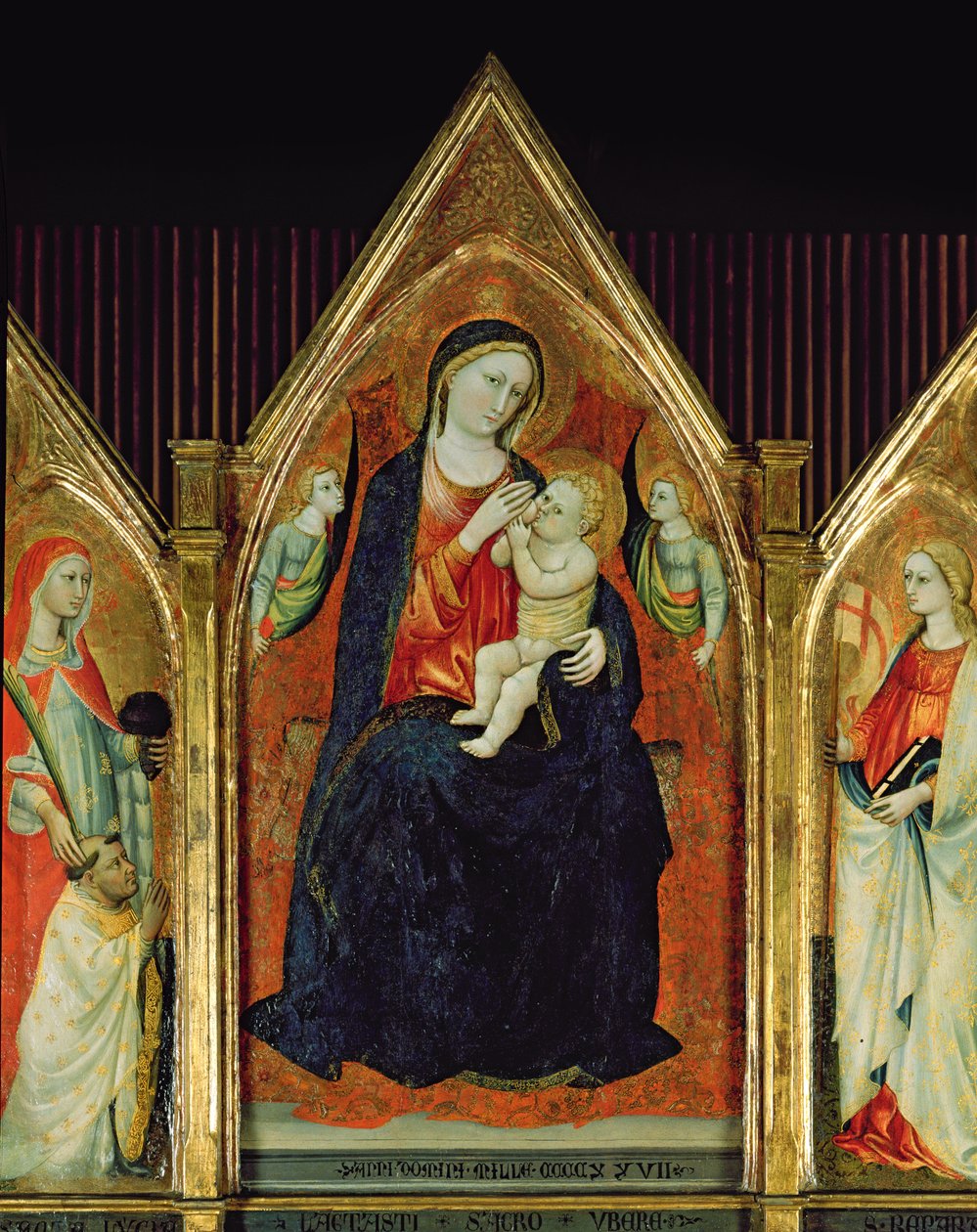 Madonna Nursing the Christ Child med helgener (tempera på tre) (detalj av 254064) av Italian School