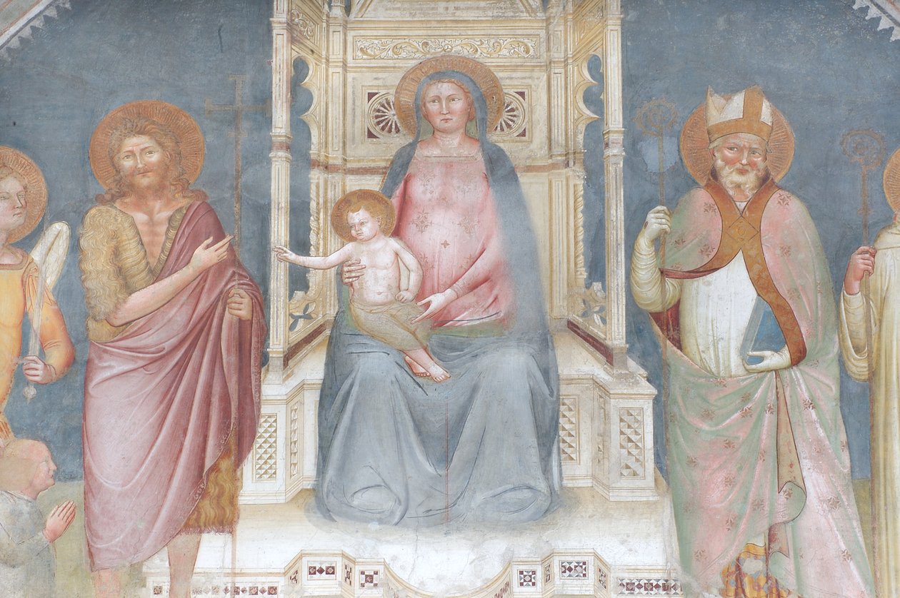 Madonna og barn, Angel Gabriel, Saint John the Baptist, Saint Ambrose, Saint Bernard av Italian School