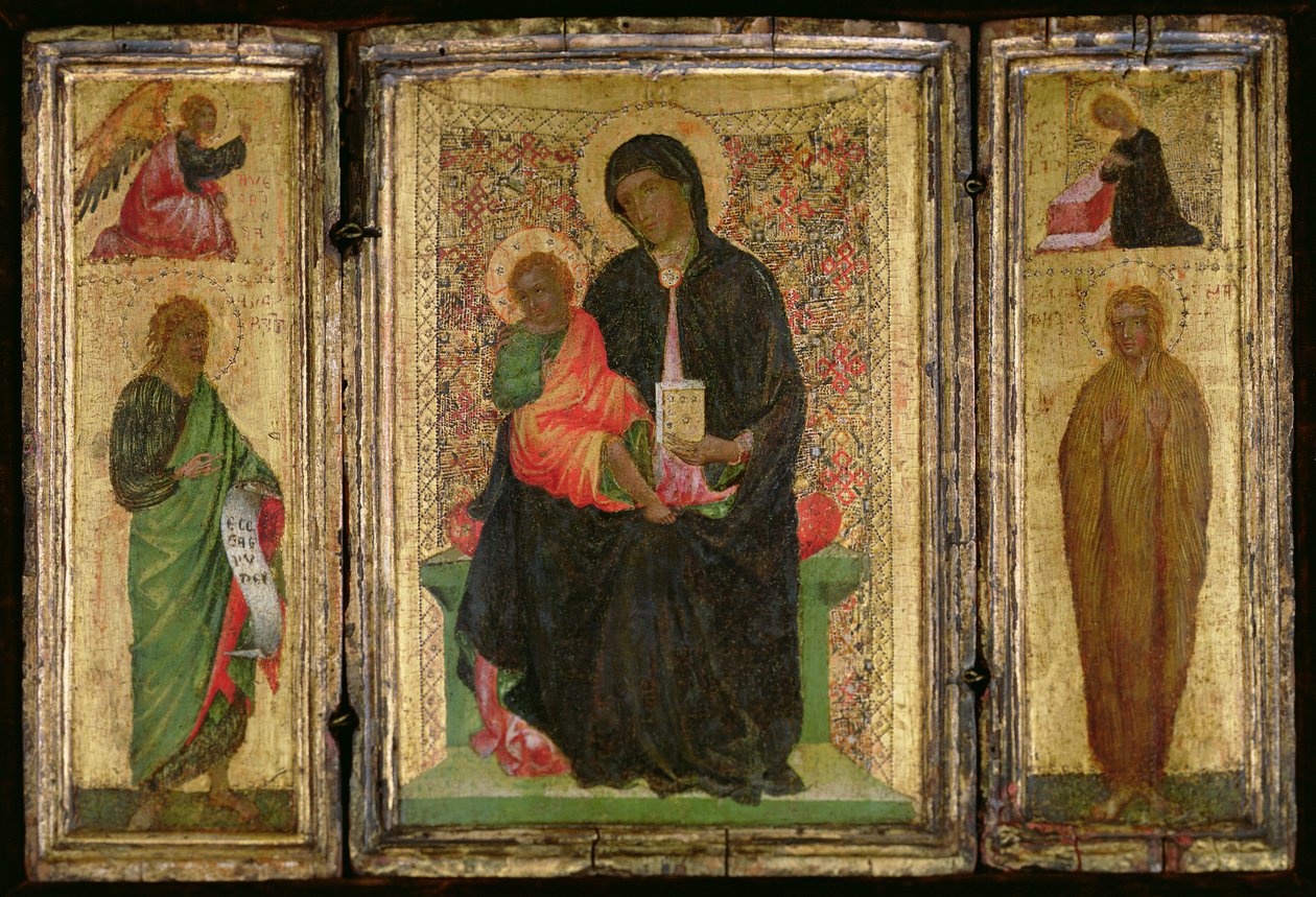 Madonna og barnet tronet med (L-R) døperen Johannes med bebudelsens engel over og Maria Magdalena med jomfruen bebudet ovenfor, ca. 1360-70 (tempera på panel) av Italian School