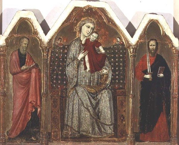 Madonna and Child Enthroned, med SS. Johannes evangelisten og Paulus, Riminese School (triptykpanel) av Italian School