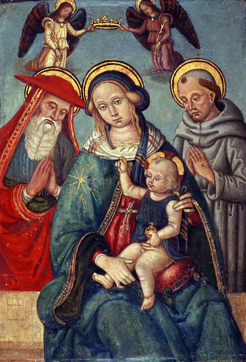 Madonna og barn blir kronet av to engler, med St. Jerome og St. Francis, ca. 1500 (tempera på poppeltre) av Italian School