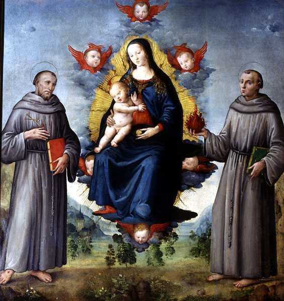 Madonna og barn, flankert av SS Francis av Assisi og Anthony av Padova (tempera på panel) av Italian School