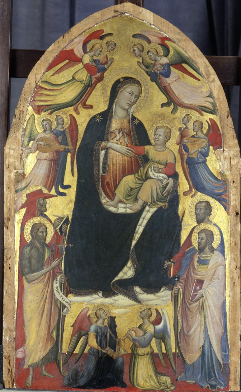 Madonna og barn på en trone av skyer med helgener og engler, ca. 1415-20 (tempera på poppeltre) av Italian School