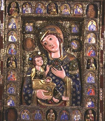 Madonna og barn med evangelister og profeter, sentralpanel av triptyk (tre, sølvfiligran og emalje) (detalj av 76918) av Italian School