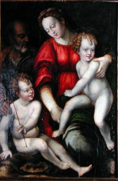 Madonna og barn med døperen Johannes (olje på panel) av Italian School