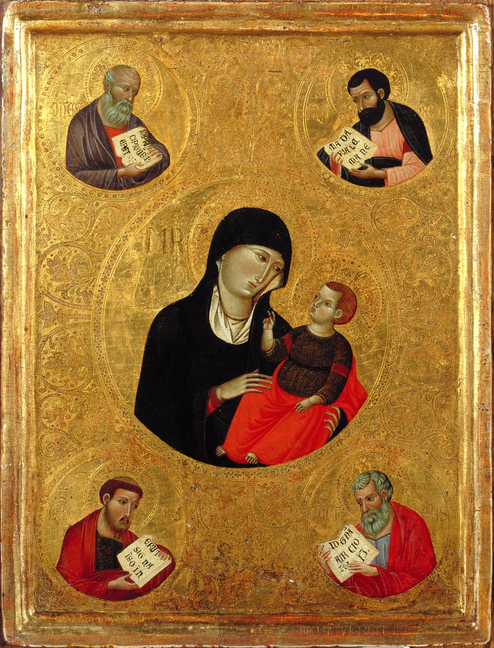 Madonna og barn med de fire evangelistene (tempera og bladgull på panel) av Italian School