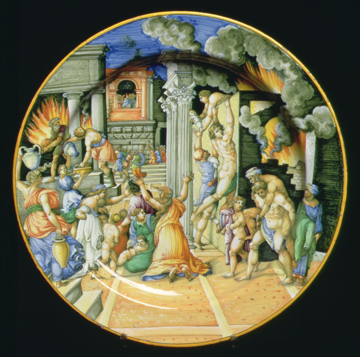 Maiolica-plate som viser brenningen av Troja med Aeneas som bærer faren Anchises på ryggen med sønnen Ascanius ved sin side, italiensk av Italian School