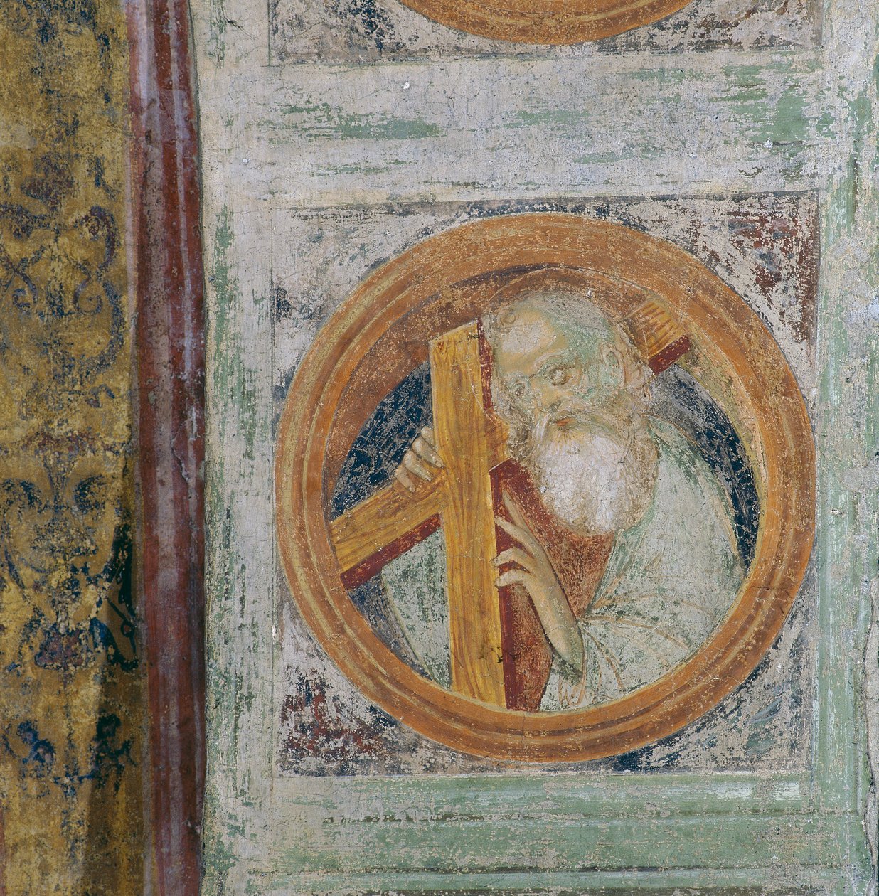 Mannlig helgen med kors, muligens Saint Andrew (fresco) av Italian School