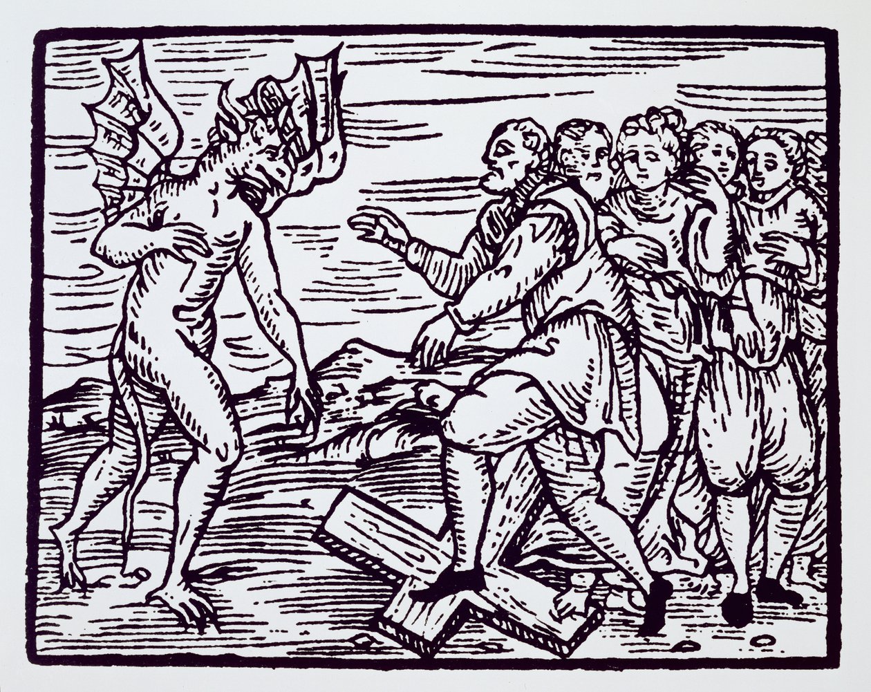 Mannlig heks som forsaker Kristus, kopi av en illustrasjon fra Compendium Maleticarum av Fr M Guaccius, Milano 1608, brukt i History of Magic, utgitt sent på 1800-tallet av Italian School