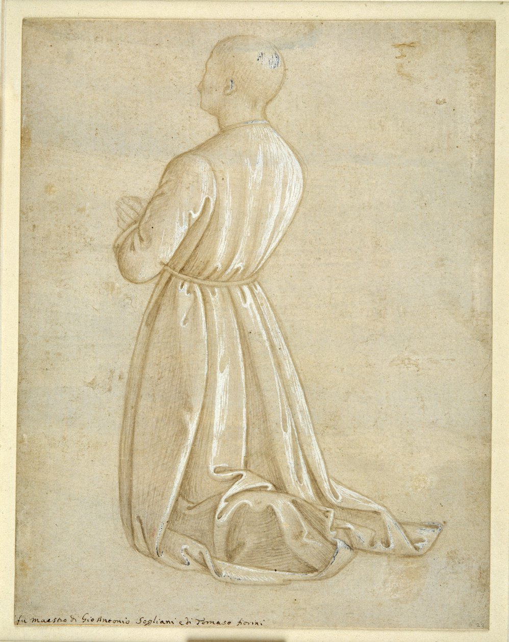 Mann som kneler i bønn, sett bakfra (metalpoint med gouache på papir) av Italian School