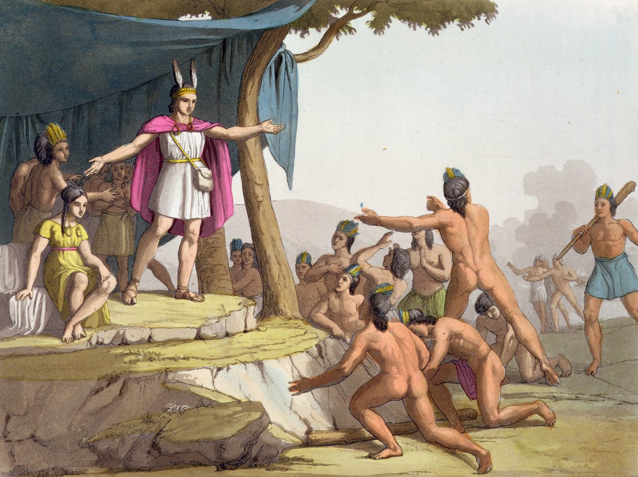 Manco Capac og dronning Mama Ocllo samler villmennene, ca. 1820 av Italian School