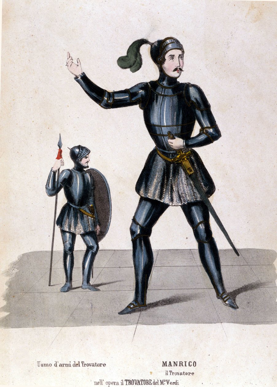 Manricos kostyme for den første representasjonen av Trouvère (Trovatore) av Giuseppe Verdi (1854) biblioteca de la scala de Milan av Italian School