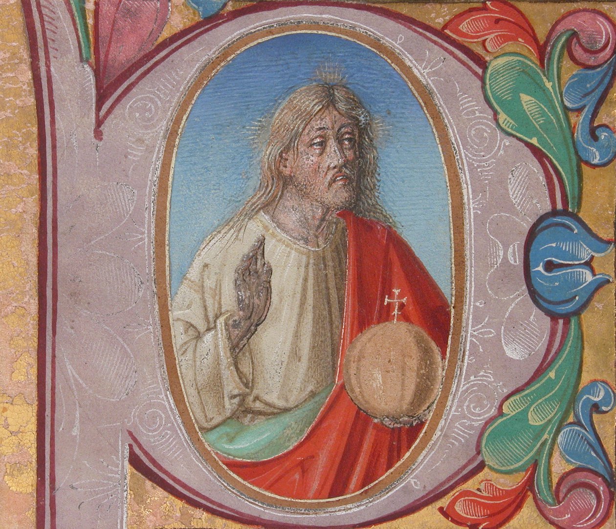 Manuskriptbelysning med Salvator Mundi i en innledende P, fra en korbok (tempera, blekk og gull på pergament) av Italian School