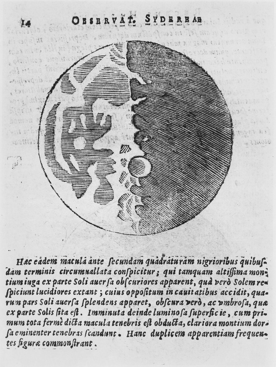 Kart over månen, illustrasjon fra Sidereus Nuncius av Galileo Galilei, 1610 av Italian School
