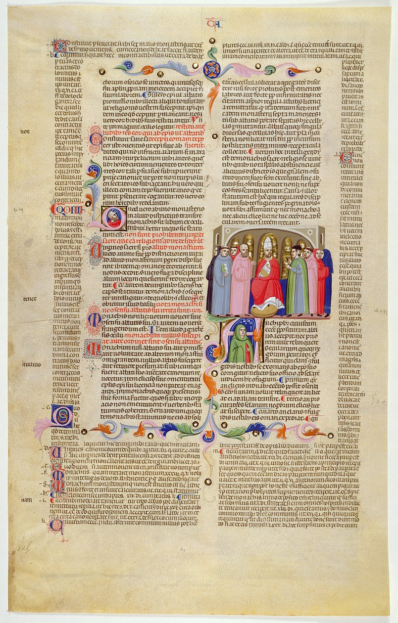Marlay Cutting IT.10: Blad med miniatyr fra Gratians Decretum som viser erkebiskopen på tronen mellom geistlige og sekulære av Italian School