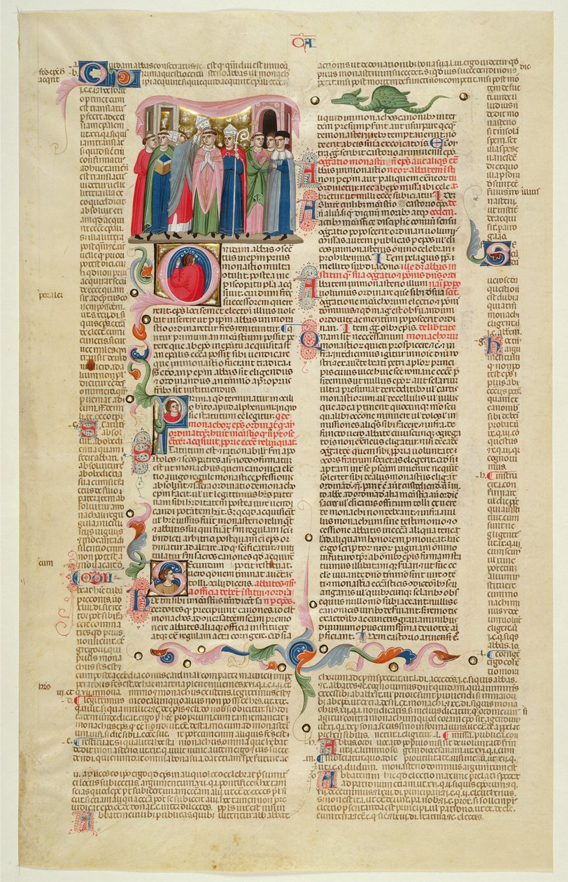 Marlay Cutting IT.7: Blad med miniatyr fra Gratians Decretum som viser saken om abbeden som ble gjort til biskop av Italian School