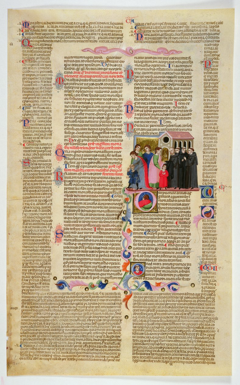 Marlay Cutting IT.9: Blad med miniatyr fra Gratians Decretum som viser to gutter brakt til et kloster av foreldrene deres av Italian School