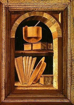 Marquetry panel av et stilleben med bøker (tre) av Italian School