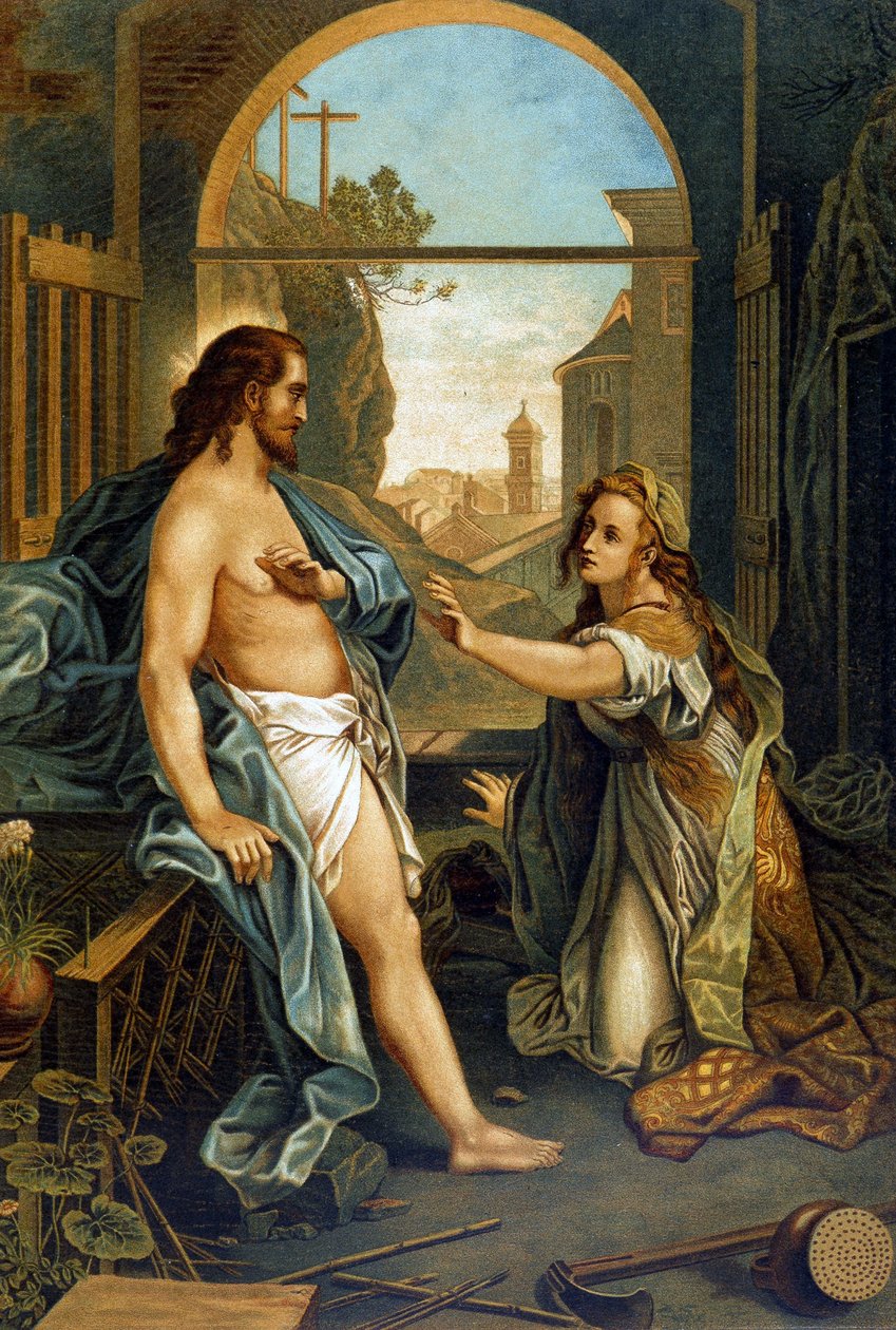 Maria Magdalena assistent til Kristi lidenskap i «Golden classic Bible: history of divine openbaring in the old and in the new striving» av Giovanni Ladislao Sykora (vol. 2), oversatt av Don Clemente Benetti. (italiensk bibel) av Italian School