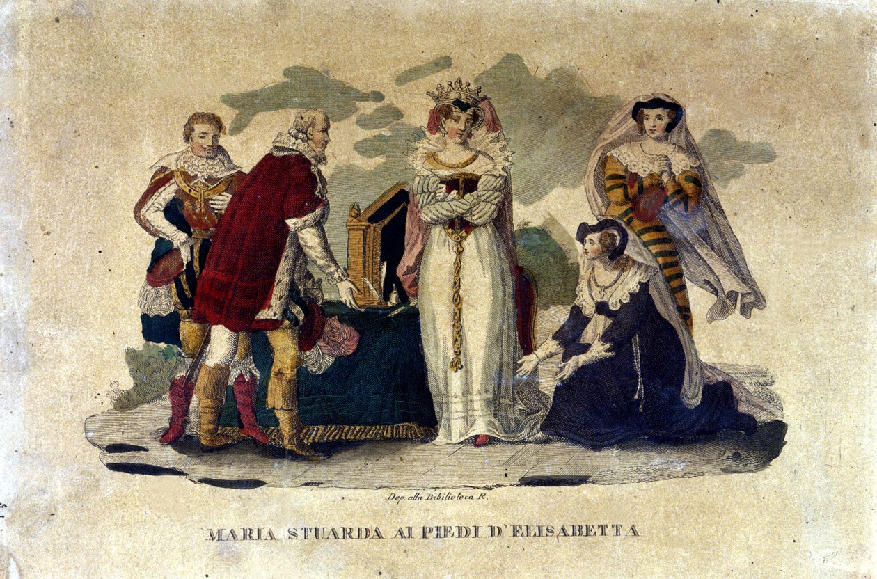 Mary Stuart ved føttene til Elizabeth I, i operaen Maria Stuarda av Gaetano Donizetti, 1810 av Italian School