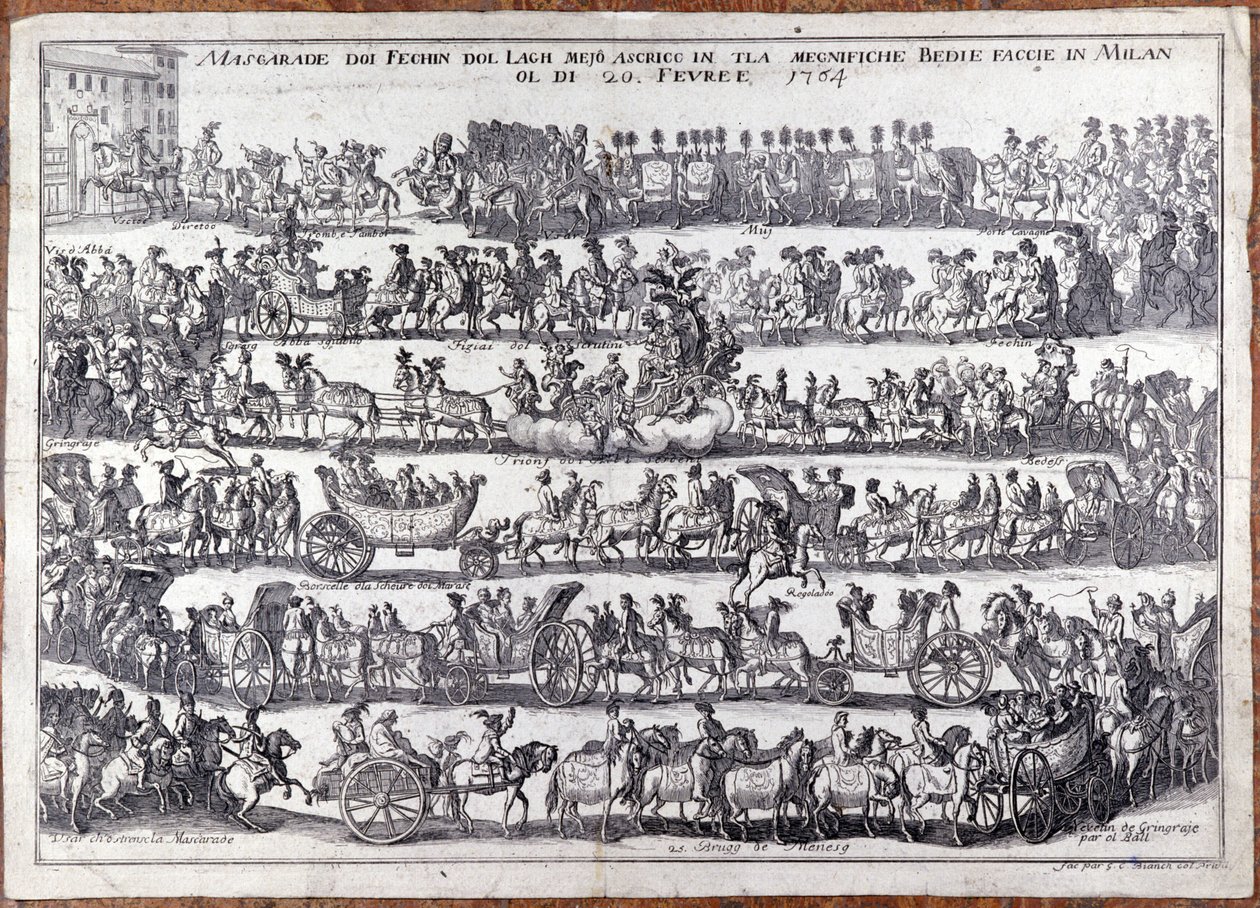 Maskerade: prosesjon og dans av mennesker masker i anledning karneval. Milano 20/02/1764 Gravering fra 1700-tallet av Italian School