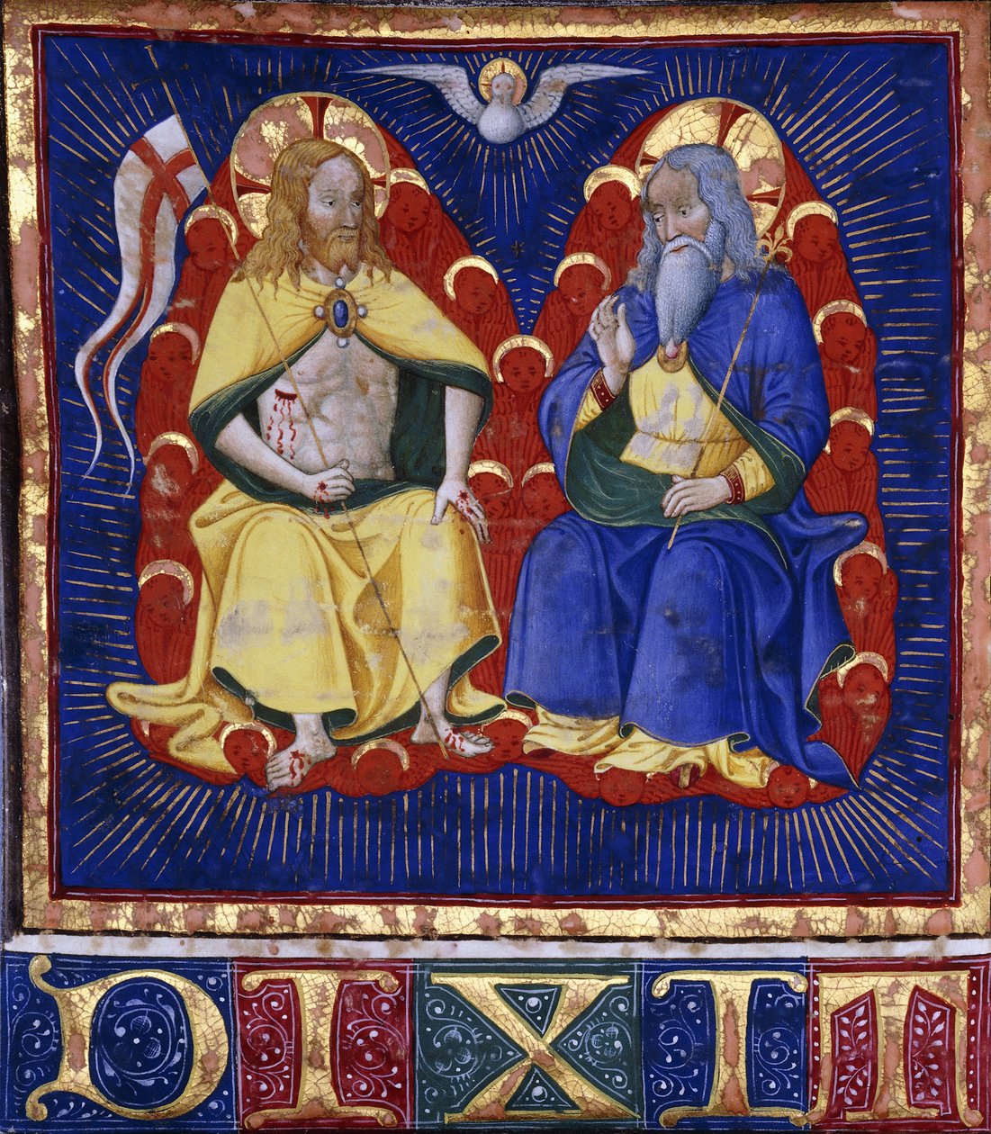Master of the Vitae Imperatorum: The Trinity, miniatyr fra en opplyst korbok på vellum, ca. 1440 (maling og polert gull på vellum) av Italian School