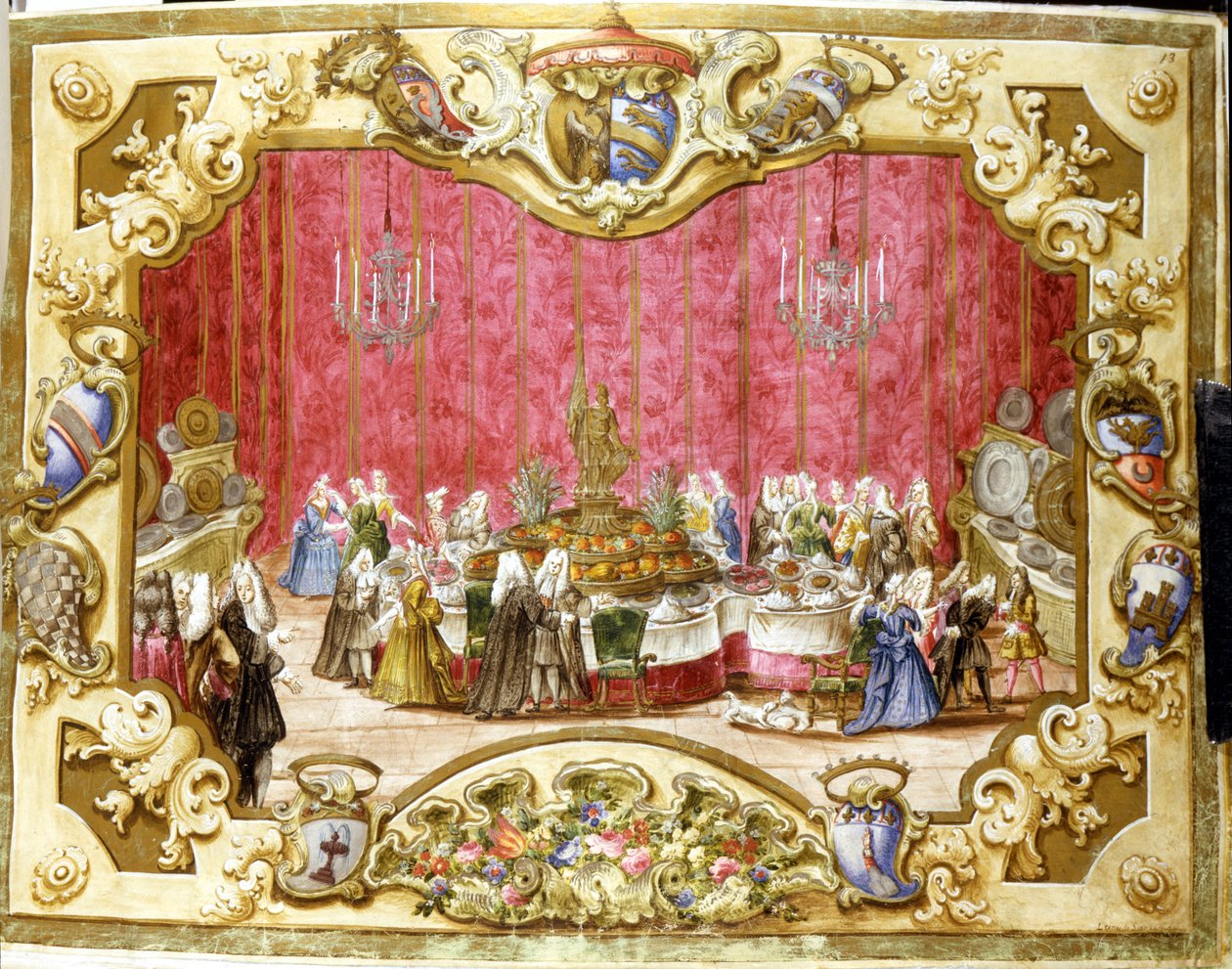 Måltid gitt til ære for gonfalonieren Zambeccari for engasjementet til rettsvesenet. 1720. Bologna, Statsarkivet. av Italian School
