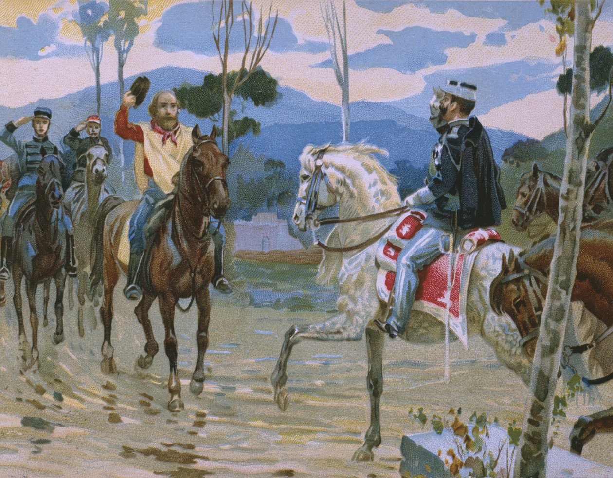 Møte mellom Giuseppe Garibaldi og kong Victor Emmanuel II (1820-78) 26. oktober 1860 på Teano, illustrasjon fra et album om Risorgimentos historie laget for sjokoladen Talmone, la av Italian School