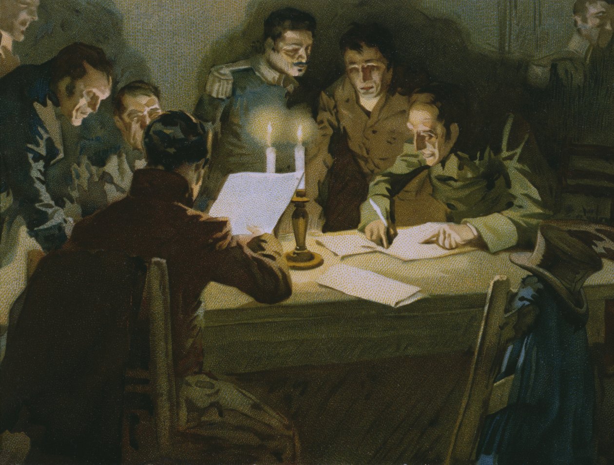 Møte med de første partisanene som gjorde motstand mot okkupantene, fødselen av Carbonari, illustrasjon fra et album om historien til Risorgimento laget for sjokoladen Talmone, sent på 1800-tallet (chromolitho av Italian School
