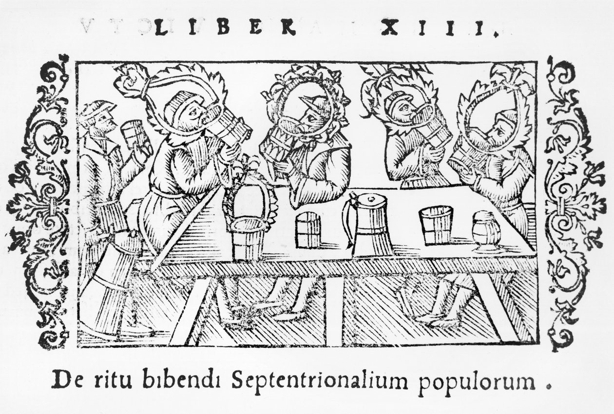 Menn som drikker, illustrasjon fra History of the Northern Nations av Olaus Magnus (1490-1558), utgitt i Roma, 1555 av Italian School
