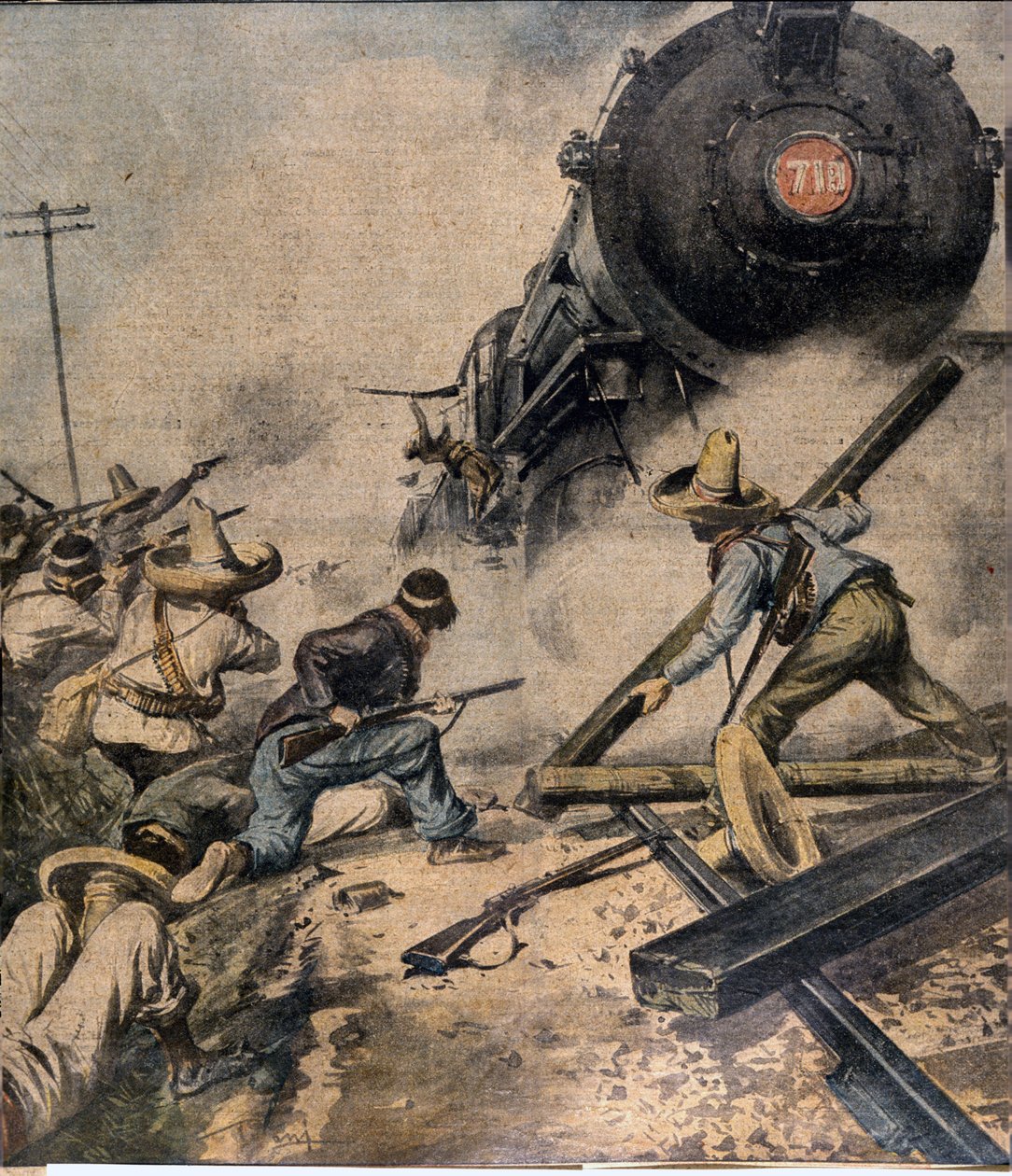 Den meksikanske revolusjonen: opprørerne stormer et tog Illustrasjon av Abbo i «L#39;illustrazione del popolo» 1913 av Italian School