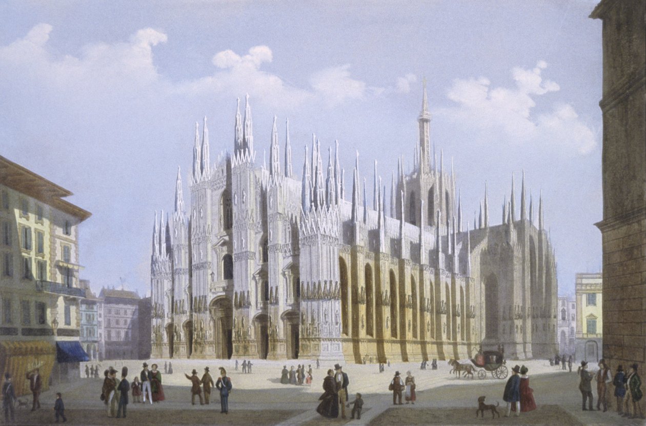 Milano-katedralen fra utsikt over Milano og omegn av Italian School