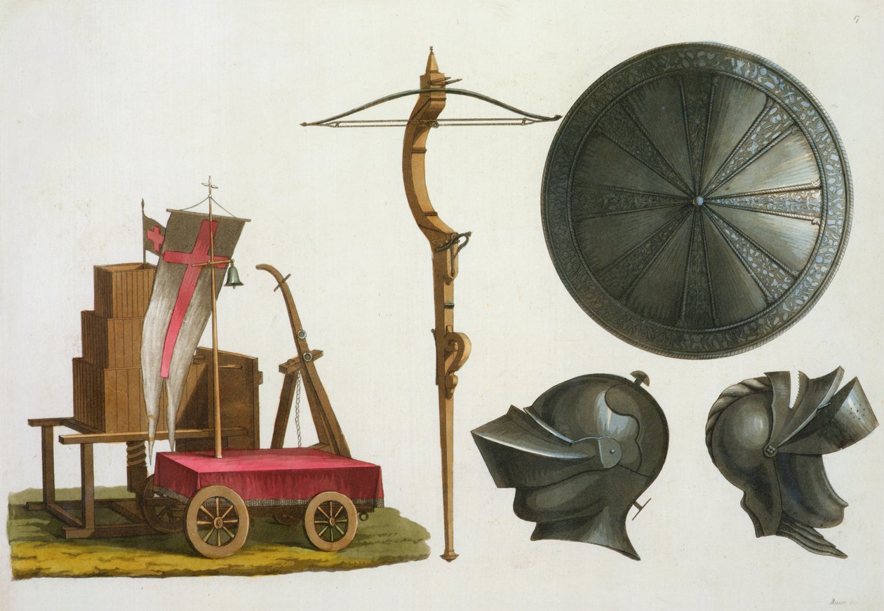 Milanesisk vogn, armbrøst og rustning, plate 17 fra Le Costume Ancien et Moderne, av Jules Ferrario, utgitt ca. 1820-30-tallet av Italian School