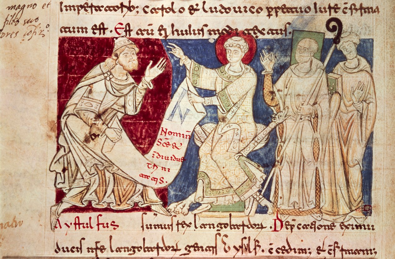 Miniatyr fra Chronicon Vulturnense, opplyst kodeks komponert av munken Iohannes, ca. 1130, Italia av Italian School