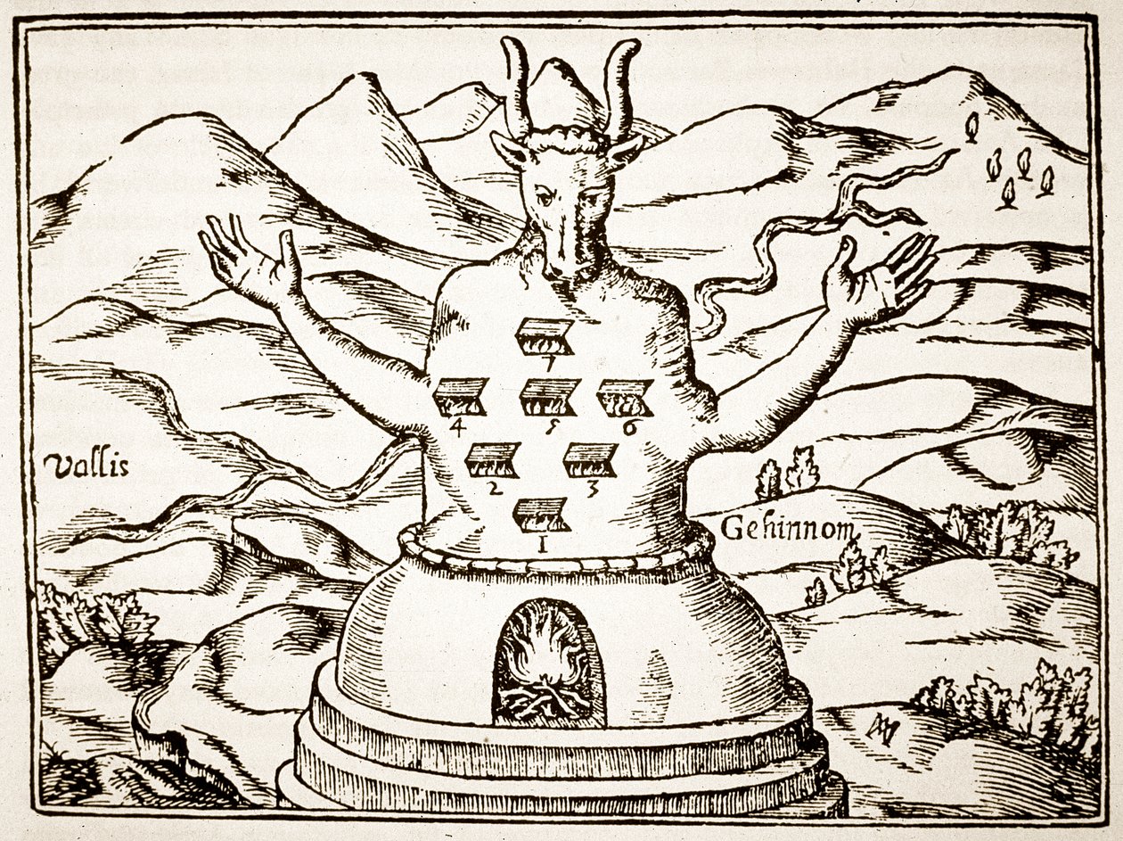Moloch, kopi av en illustrasjon fra Oedipus Aegyptiacus av Athanasius Kirchner, Roma 1652, brukt i en magihistorie, utgitt sent på 1800-tallet av Italian School