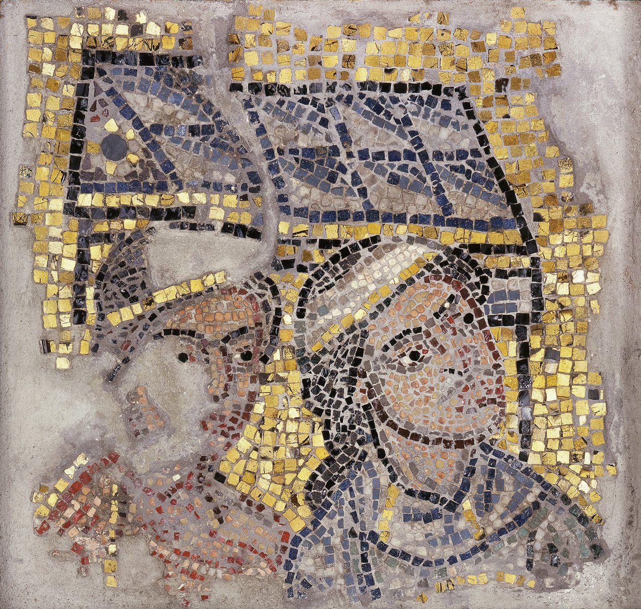 Mosaikkpanel med to hoder og en bygning i bakgrunnen, ca. 1213 (mosaikk) av Italian School