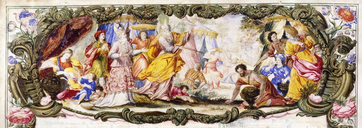 Moses, Aron og Israels barn i ørkenen og samlet Manna, ca. 1600-1630 av Italian School
